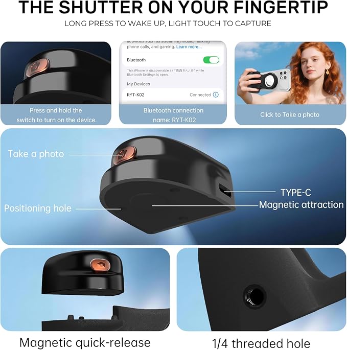 Magnetic Phone Camera Grip, Shutter Grip Handle Holder for iPhone/Android with Detachable Wireless Shutter Remote and Convenient Keychain Hook - Image 4