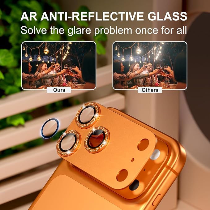 for iPhone 17 Pro Max Camera Lens Protector, Glitter Cosmic Orange | [Military Grade Shatterproof] [Strong Adsorption] [Case Friendly] Matte Metal Tempered Glass Camera Screen Cover Accessories - Image 3