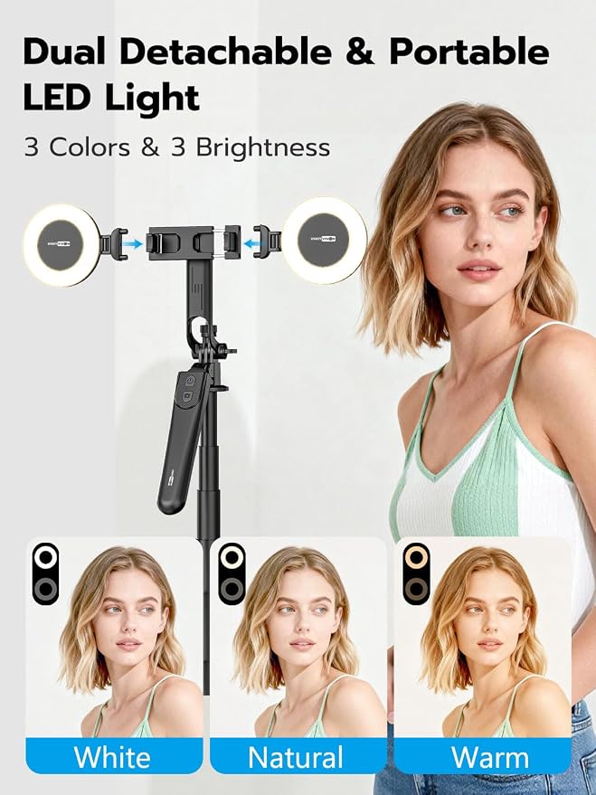 70" Extendable Phone Tripod Selfie Stick w/Light&Remote UT-02 | For iPhone & Android,360° Rotation,Selfie Stick W/ Remote Control,Fill Light,Video Recording,Photography,TikTok & Vlogging - Image 4