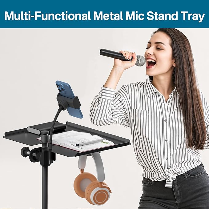 Metal Microphone Stand Tray with Mic Stand Phone Holder - 11.7" x 7.8" Functional Large Mic Stand Tray Shelf for Studio, Concert, Karaoke Clamp on Music Stand Shlef Attachment - Image 6