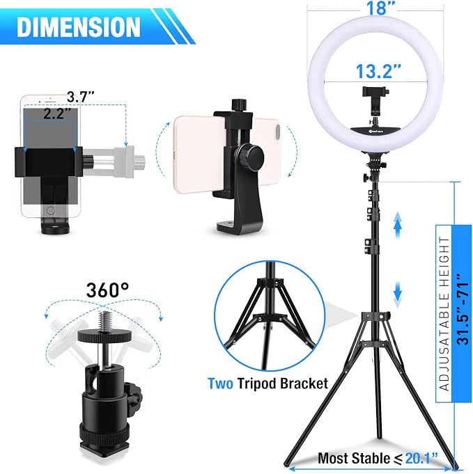 Yesker Ring Light 18" Wireless Remote LCD Screen with Tripod Stand 65W LED Ringlight Bi-Color 3200-5500K CRI≥95 for Portrait Live Stream Photography Tiktok Video Zoom Meeting Online Teaching - Image 5