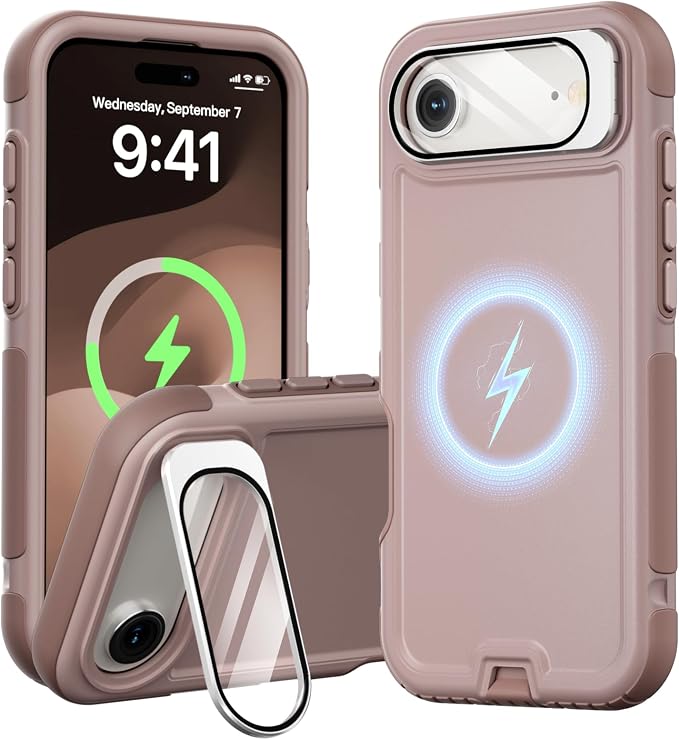 Follaroma Magnetic for iPhone 17 Air Case with Camera Stand, Light Brown | Built-in Glass Camera Cover Stand,Compatible with MagSafe,Heavy Duty Shockproof Protective,Military-Grade Anti-DropDual Case by Follaroma
