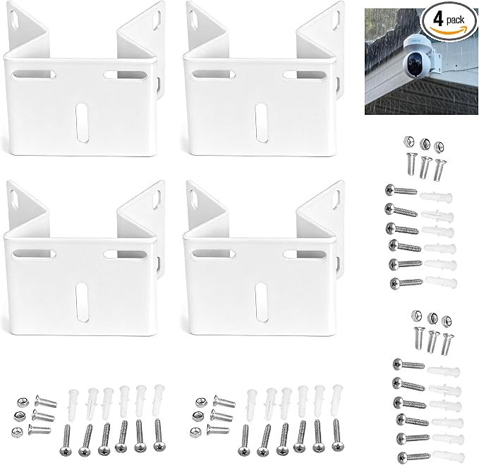 Outdoor Security Camera Corner Mount, White Metal Bracket, 4 Pack | 90-degree clamp, 2.2-4.3 in diameter range, eaves and stairwell placement, hardware included by Unknown