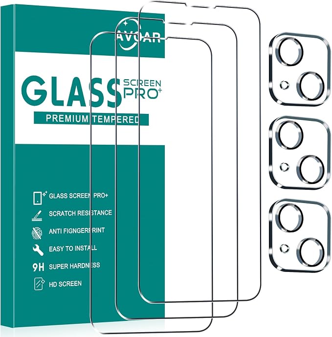 3+3 Pack Glass Screen Protector for iPhone 13, 6.1 Inch | Camera Lens Protector, HD Clear Tempered Glass Film, Anti-Scratch, Bubble Free, Case-friendly by AVOAR
