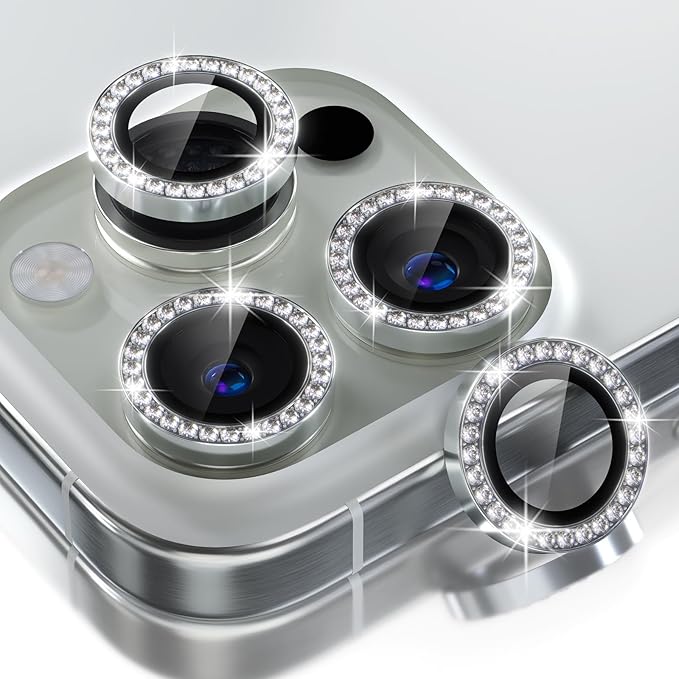 Choiche for iPhone 16 Pro/iPhone 16 Pro Max Camera Lens Protector | Ultra HD, Bling 9H Tempered Glass Camera Cover Screen Protector Metal Ring Decoration Accessories (Diamond-Silver) by Choiche