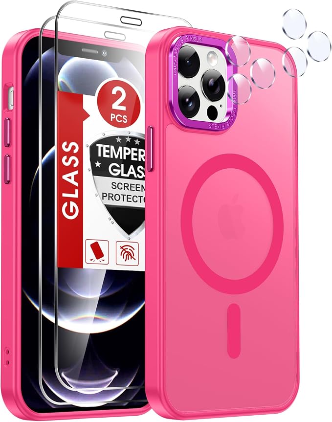 LeYi for iPhone-12-Pro-Max Case Pink:[ Tempered Glass Screen X2+ Camera Lens Protector X2] Compatible with Magsafe i Phone 12Pro Promax Cover iohone 12 Pro Max Magnetic Protective Girl Women, Hot Pink by LeYi