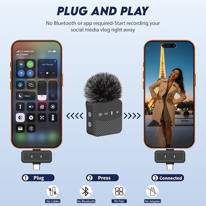 Wireless Lavalier Microphone for iPhone Android Mini Mic with Charging Case | Auto pairing clip-on mini mic, noise reduction, windproof net, works with laptops, for video recording and vlogging - Image 3