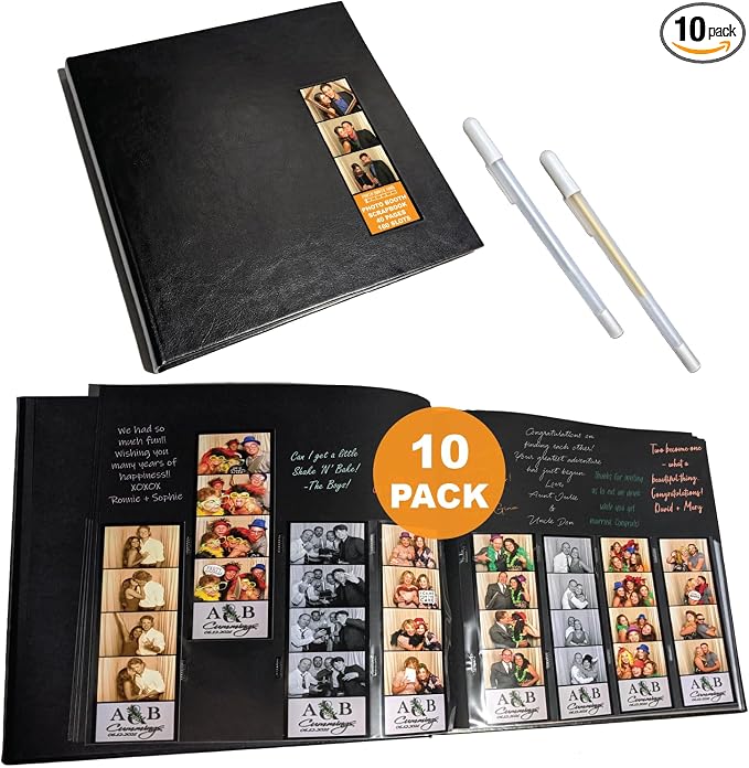 2x6 Strip Album, Black Cover Black Pages, 2 Gel Pens, 10pk | Leather-cover photo strip scrapbook journal holds 2x6 photos. Album guest book for weddings, graduations, anniversaries. by PhotoBoothNook