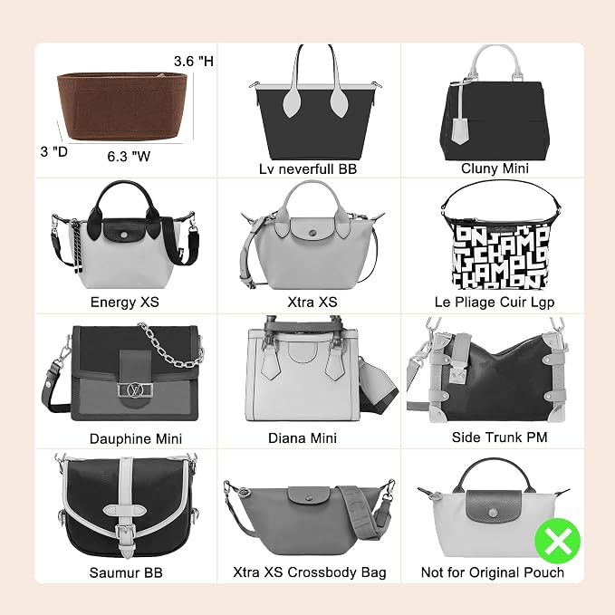 Doxo Small Purse Organizer Insert for Handbags, Felt Neverfull BB Organizer Insert,Mini Tote Bag Organizer with Zipper Pocket, Fit Neverfull BB Longchamp Xtra Energy S and More, Brown-XS - Image 6