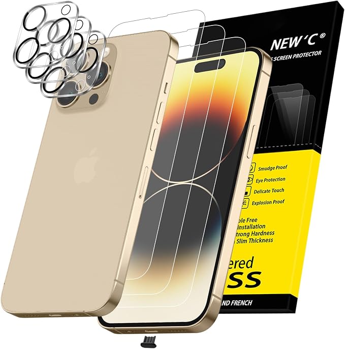 NEW'C 3x for iPhone 14 Pro Screen Protector (6.1 inches)+ 3x Camera Lens Protector, Sensor Protection + Dust Plug - Case Friendly Tempered Glass Film, Ultra Resistant by NEWC