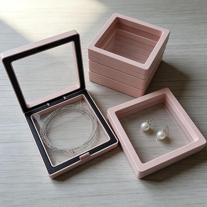 12 PCS Dual-Color Packaging Box 3D Floating Frame Display Stand, Color-Matching Packaging Display Box, Transparent Window Jewelry Case, PE Film Anti-Oxidation Storage Case. (Pink+Black) - Image 5