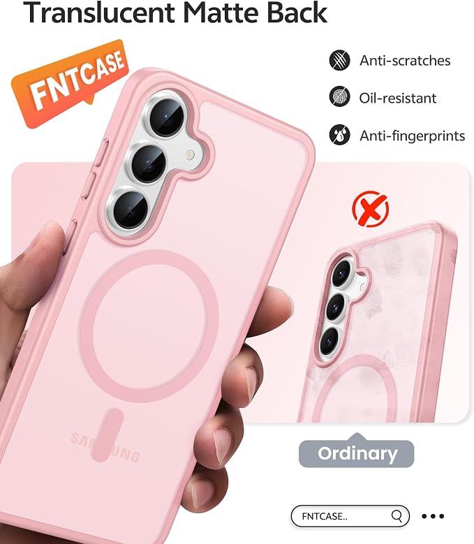 FNTCASE for Samsung Galaxy S25 FE Case, Fit for Magsafe, Screen Protector | Translucent Matte Magnetic Back, 14FT Military Grade Drop Protection, Slim Shockproof Protective Phone Cover, Light Pink - Image 6