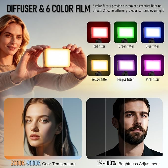 80 LED Video Light, Portable USB Photo Light Dimmable 2500-9000K CRI 95+ 3000mAh Battery with Colored Filters and Clip, Photo Lamp for Phone/iPad/Camera - Image 5