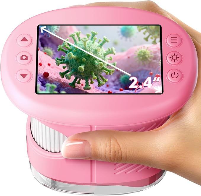 Odatay 4K 1000X Digital Microscope for Kids with Long Distance Viewing & 2.4" Screen, Portable Handheld Edu Toys for Kids Exploring Bugs Plants at Home Classroom & Outdoor Travel, Bright Pink by Odatay