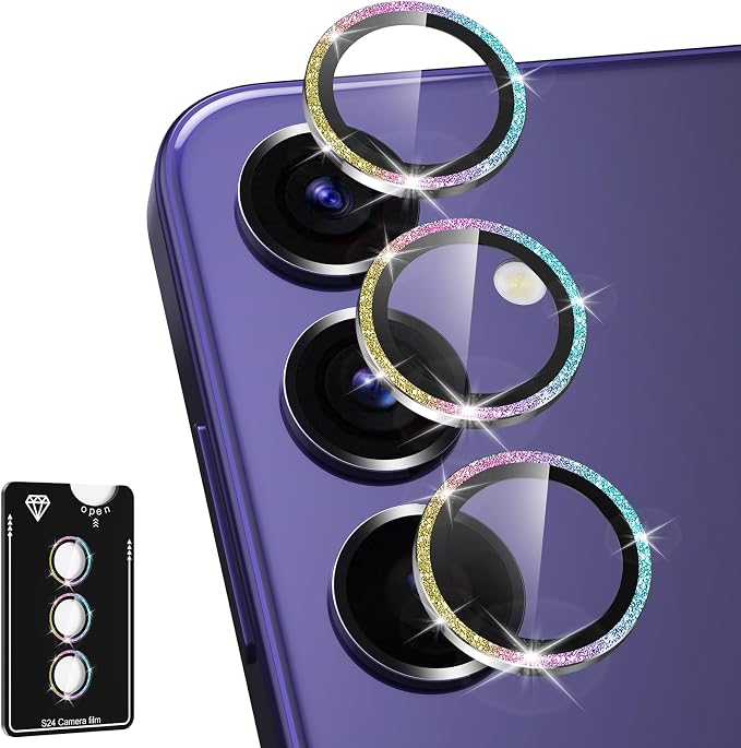 for Samsung Galaxy S24 Plus Camera Lens Protector, Individual Metal Ring Tempered Glass Lens Cover, [Strong Adsorption] Scratch Resistant Ultra-Thin HD Clear Lens Cover, 1 Set-Colorful Sparkly by Btscase