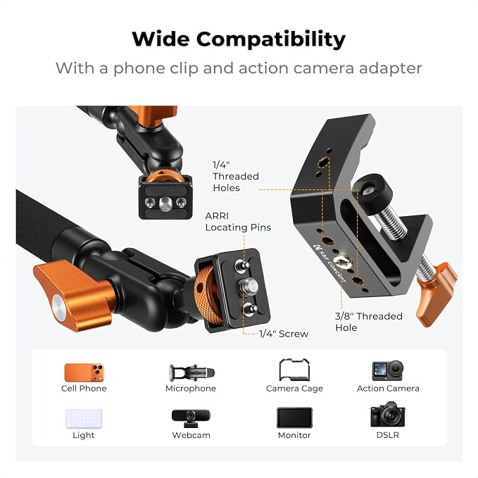 K&F CONCEPT 22" Magic Arm with Desk C-Clamp, Overhead Desk Camera Mount | Long Articulating Friction Boom Arm for Phone, Action Camera, LED Light, Microphone, MS39 - Image 3