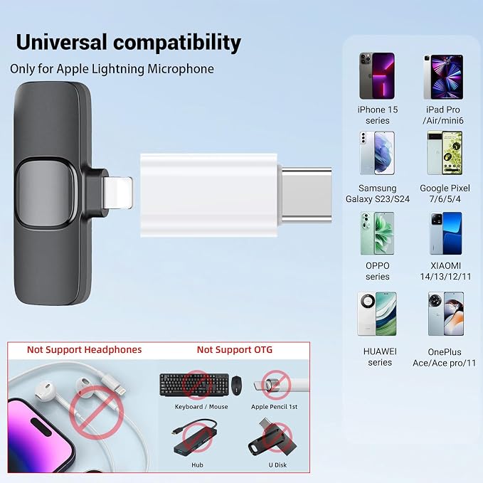 Type C to Lightning Microphone Adapter, USB C Male to Lightning Female Converter for Wireless Lavalier Microphone to your phone, Not for Headphone and Data, also Can charge for iPhone17/ 16 Series etc - Image 4
