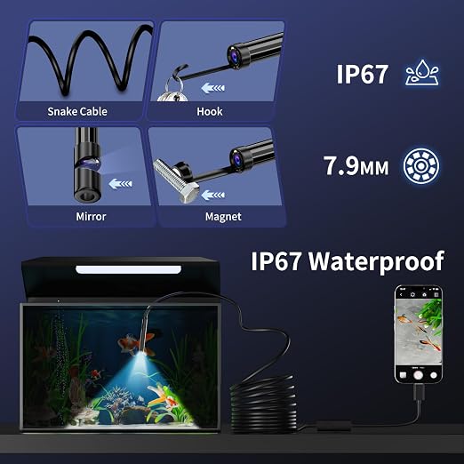 Endoscope Camera with Light, 1920P HD Borescope Inspection Camera | with 8 Adjustable LEDs, IP67 Waterproof Semi-Rigid Snake Cable for Android, iPhone, and iPad(16.4ft, Single Lens) - Image 4