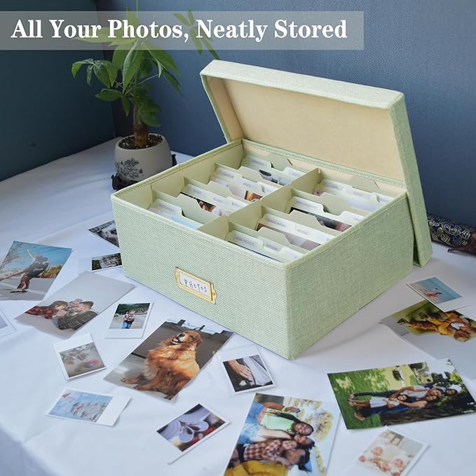 Linen Photo Storage Box – Holds 1700 Photos, Photo Organizer with Lid for Photo, Pictures, 24 Adjustable Dividers & 72 Labels Multi-Use Organizer Memory Box for Envelopes, Baby, Wedding, Cards Green - Image 2