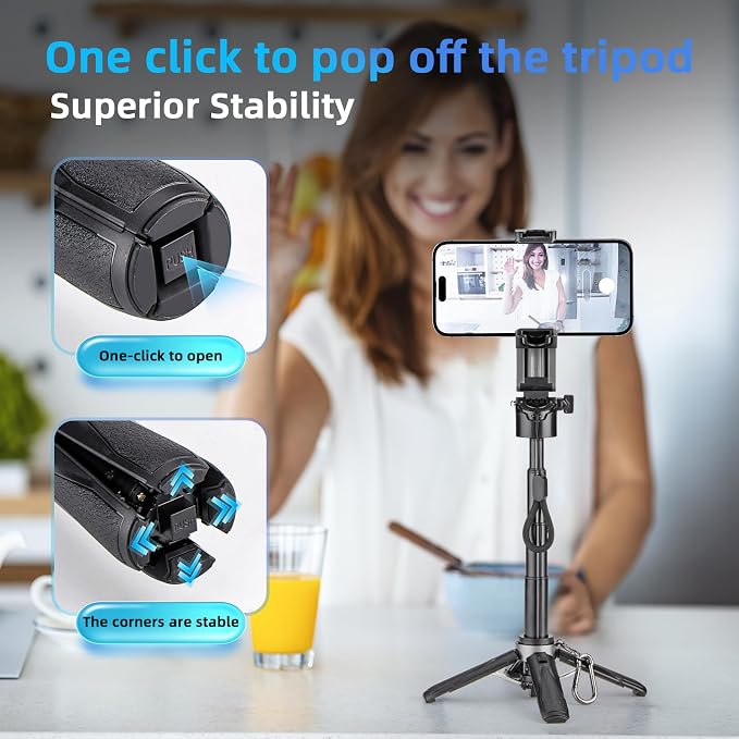 MQOUNY for Magsafe Tripod Stand for iPhone,Portable Pocket Size Selfie Stick with Rechargeable Remote and Metal Ring,Extendable Detachable Cell Phone Tripod Compatible with iPhone/Android - Image 3