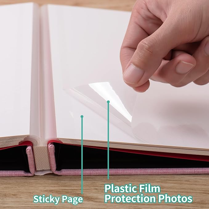 Large Photo Album Self Adhesive 4x6 8x10 10x12 13"x12.8" Magnetic Scrapbook Album 12.6"x11" Inch 60 Sticky Pages Linen Cover DIY Photo Album with A Metallic Pen and DIY Stickers(Pink) - Image 5