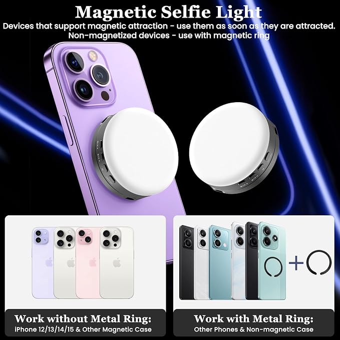 Magnetic Selfie Light, Metal-Shell Ring Light, | Rechargeable ,Portable Phone Light for Phone & iPhone,LED Fill Light for Photography,Video,Makeup,TikTok,Vlog - Image 2