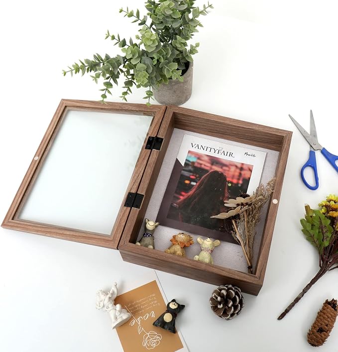 Muzilife 8x10 Shadow Box Wood Picture Frame, 2.16 Deep, Real Glass, Brown | FSC-Wood, Magnetic Door, Linen Interior & Pins, Vertical, Horizontal Wall Hanging, Display Case Frame for Photos & Keepsakes - Image 5