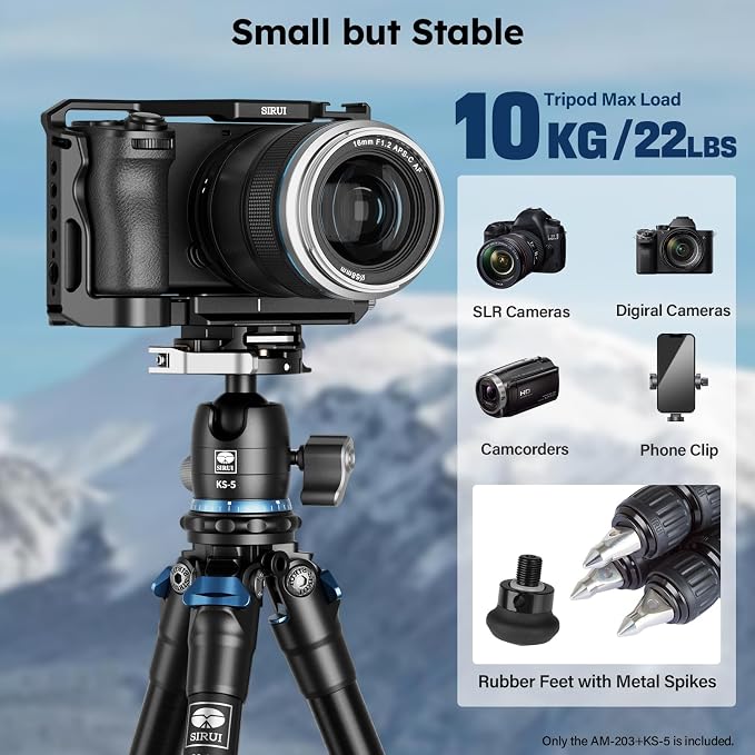 SIRUI AM-203+KS-5 Mini Tabletop Tripod, 360° Ball Head, Quick Release | 33LB Load, 16.7" Height, Panoramic Ball Head, DSLR, Mirrorless Camera, Desktop, Travel, Low Angle Photography - Image 7