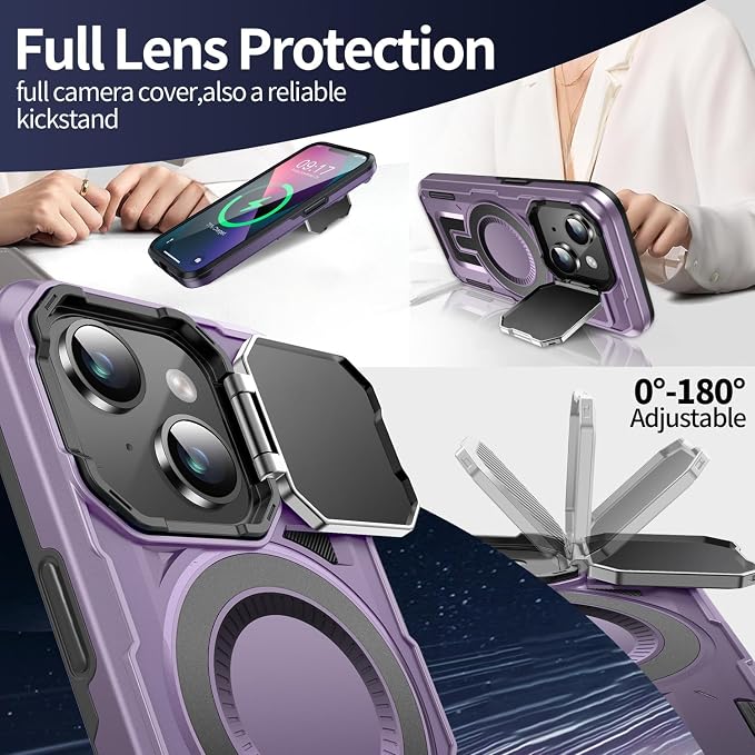 Camera Stand Case for iPhone 13/14, [Compatible with Mag Safe] [Lens Cover] 2024 Version Military Grade Protective Soft Case for iPhone 13/14 6.1 inch Men Women, Purple - Image 3