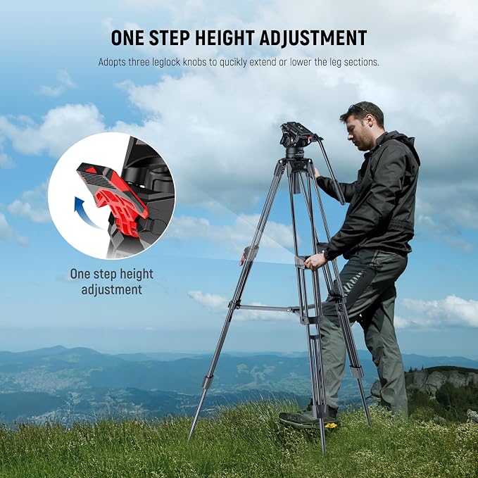 NEEWER 76" Video Camera Tripod with Fluid Head, One Step Quick Release Portable Tripod, Aluminum Heavy Duty Tripod Stand, Dual Mode QR Plate for DSLR Cameras Camcorders, Max Load 17.6lb, LL27 - Image 3