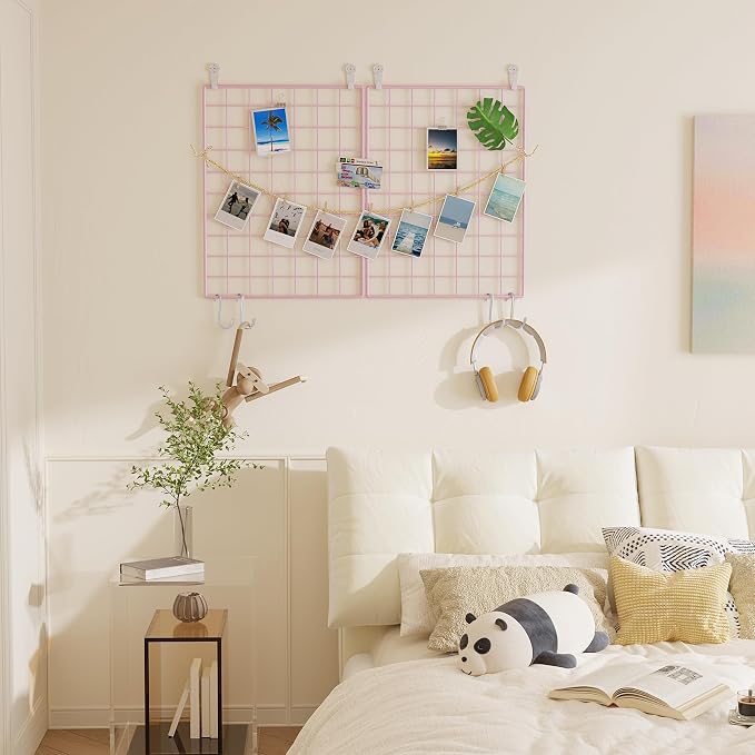C&AHOME Photo Wall Display Set of 2, Wall Grid Panel, 15.7" x 11.8", Pink | Photo Display Shelves, Wall Storagae Organizer, Hooks, Clips, Hemp Cord, Hammer - Image 8