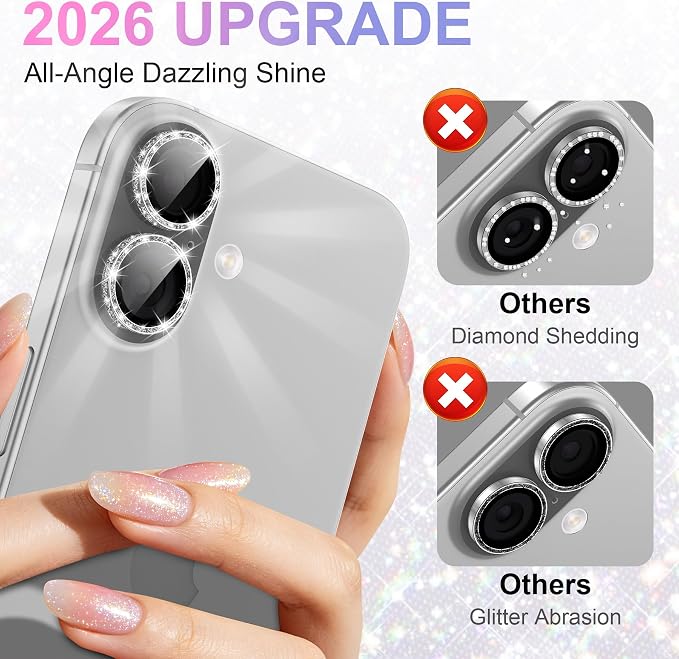 YWXTW [All-Over Glitter Camera Lens Protector for iPhone 17/iPhone 16/iPhone 16 Plus, 9H Tempered Glass Camera Lens Cover, Anti-Scratch Case Friendly(Silver) - Image 2