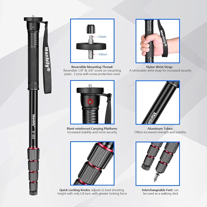 65-Inch Camera Monopod, 5 Sections Aluminum Travel Monopod for Canon Nikon Sony DSLR Cameras Video Camcorder, Compact Portable Lightweight（E-222） (Red) - Image 3