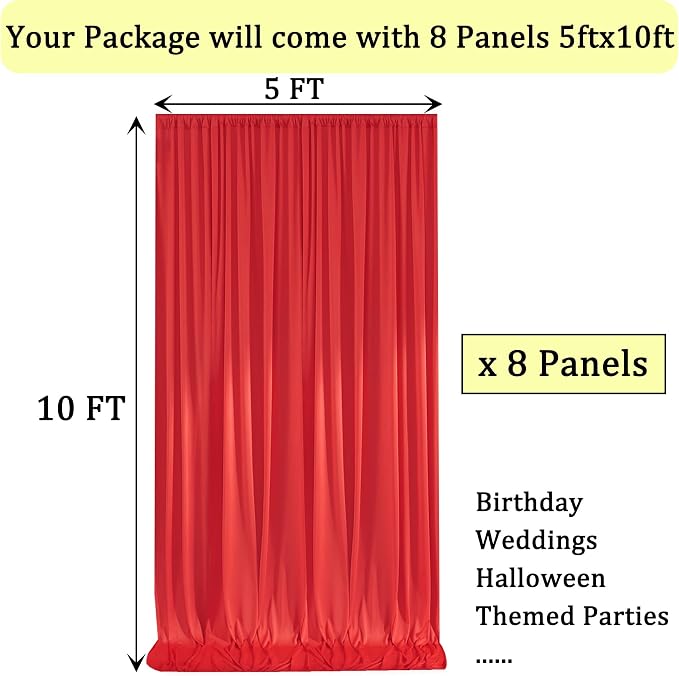 40ft x 10ft Wrinkle Free Red Backdrop Curtains for Parties, 8 Panels 5x10ft Silky Polyester Photo Backdrop Drapes for Christmas Weddings Birthday Party Photography Background Decor - Image 6