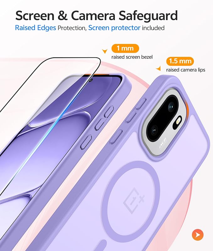 FNTCASE for OnePlus 15R Case, Fit for Magsafe, Screen Protector | Translucent Matte Magnetic Back, 14FT Military Grade Drop Protection, Shockproof Protective Phone Cover, Light Purple - Image 4