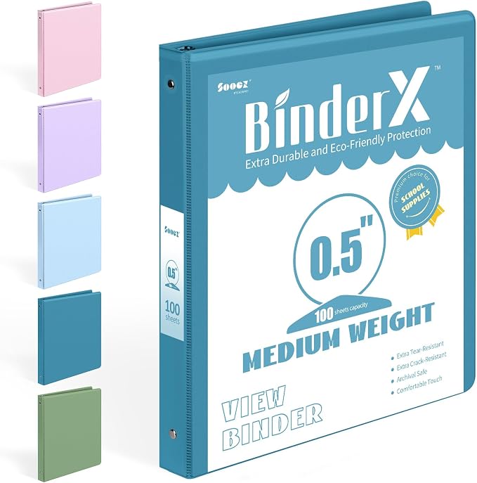 BinderX 3 Ring Binder 1/2 Inch, 0.5" Clear View Binder, Navy Blue, Letter | Extra Durable, PVC-Free, Customizable, Interior Pockets, 100-Sheet Capacity, Eco-Friendly, Reinforced Hinge, School, Office by Sooez