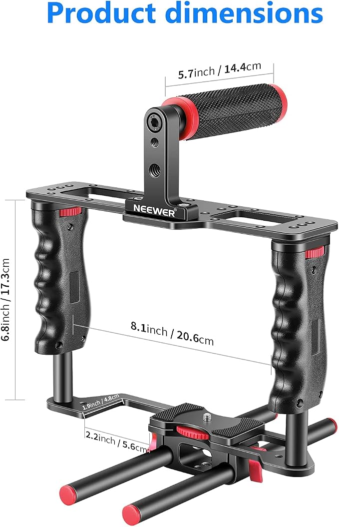 NEEWER Camera Video Cage Film Movie Making Kit, Aluminum Alloy with Top Handle, Dual Hand Grip, Two 15mm Rods, Compatible with Canon Sony Fujifilm Nikon DSLR Camera and Camcorder (Black + Red) - Image 6