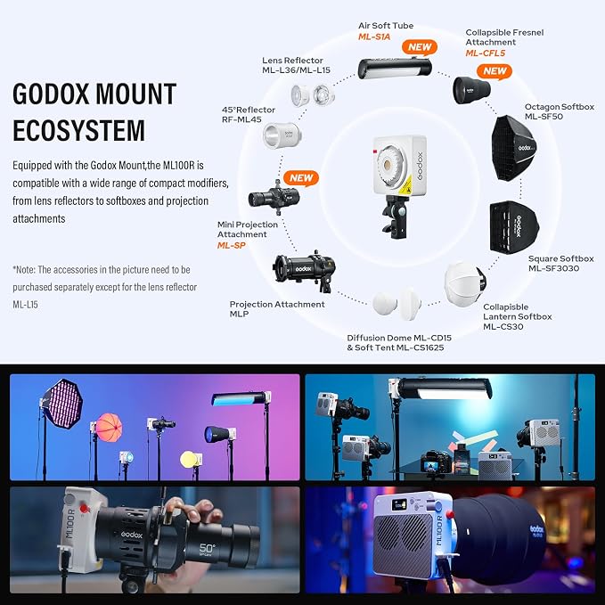 Godox ML100R RGB LED Video Light with 25600mAh Grip/Light Stand/Softbox | 110W Full-Color 1800K-10000K CRI 97+/TLCI 98+ 14 FX Effects Support APP Control for Live Streaming/Outdoor - Image 8