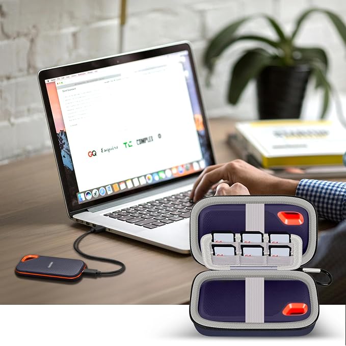Comecase Dual SSD Case for SanDisk Extreme Portable SSD and Extreme PRO | Holds 2 Drives & 12 SD Cards, Elastic Strap Fit 500GB/1TB/2TB/4TB/8TB, Cable Groove & Carabiner for Travel,Dark Blue,Box Only - Image 6