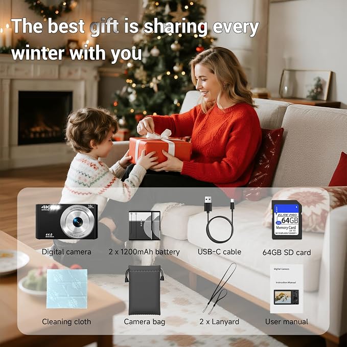 Digital Camera 4K, 2026 Upgrade Black Cameras for Teens, Autofocus Digital Point and Shoot Camera for Kids with 16X Zoom, 64GB SD Card, Compact Small Camera for Boys Girls Teens Kids Gift - Image 9