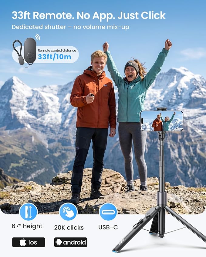 LOXP 67'' Phone Tripod with Remote, 0.01s Auto-Open for Content Creator | Selfie Stick for iPhone/ Android, Portable iPhone Tripod with Cold Shoe/ 1/4" Adapter for Travel, Vlog, Live, Golf, Video - Image 4