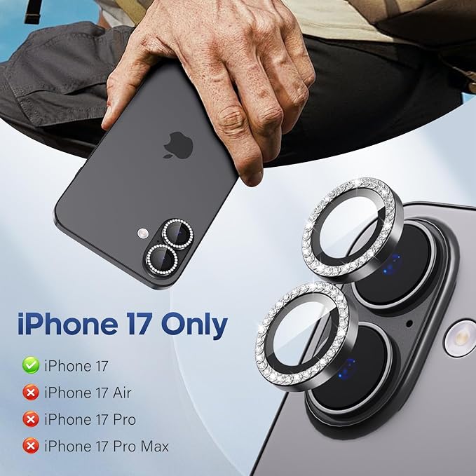 for iPhone 17 Camera Lens Protector Cover Bling Diamond, Black | Individual Metal, 9H Hardness, Scratch Resistant, Shockproof, Drop Protection, Case Friendly, Stylish Accessories - Image 2