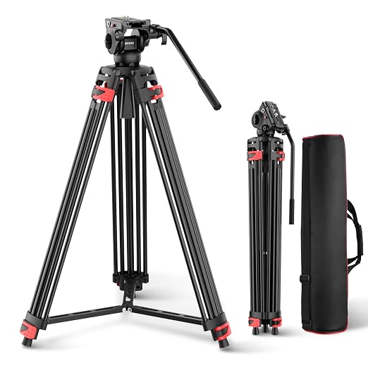 NEEWER Basics 74" Video Tripod with Fluid Head, Metal Camera Stand, TP37 | Smooth Friction Damping, Mid Level Spreader, Quick Release Plate Compatible with Manfrotto 501, Max Load 17.6lb by Neewer