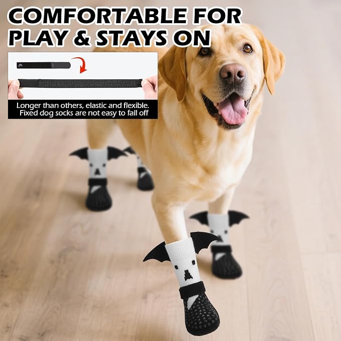 EXPAWLORER Halloween Anti Slip Dog Socks to Prevent Licking Paws, Boots & Paw Protectors with Grippers,Doggie Booties for Hardwood Floors for Small Medium Large Senior Dogs Costume White Ghost Wings S - Image 7