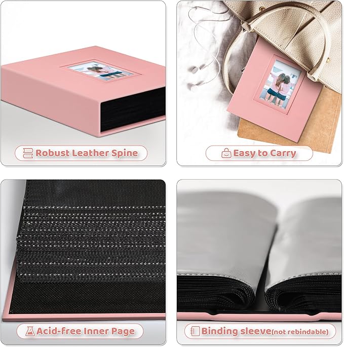 Popotop 4x6 Photo Album Holds 100 Pictures, Vegan Leather Hardcover | 100 Photos Capacity, Acid-Free Clear Slip-In Pockets, Compact Format, Front Photo Window, Gifts for Family Wedding Baby - Image 4