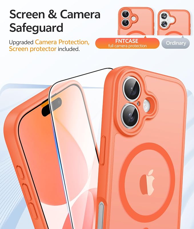 FNTCASE for iPhone 17 Case, Compatible with Magsafe, Glass Screen Protector | Full Camera Protection, Translucent Matte, 14FT Military Grade Drop Proof, Shockproof Protective Phone Cover, Orange - Image 4
