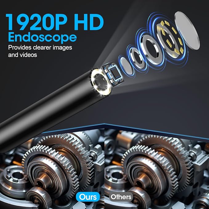 Endoscope with Light, 1920P HD Borescope with 8 Adjustable LED Lights, Semi-Rigid Snake Camera, IP67 Waterproof Inspection Tool (16.4ft, Red Harness + Single Lens) - Image 2