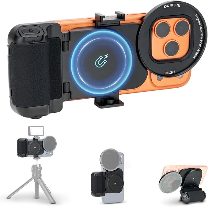 Upgraded 67mm Phone Lens Filter Mount + Phone Camera Grip Set for iPhone 17 16 15 14 Pro Pro Max Plus Air,Magnetic Filter Adapter w Cold Shoe & 1/4" Hole Pull-Out to Fit Pro Max Plus (No Filters by JJC