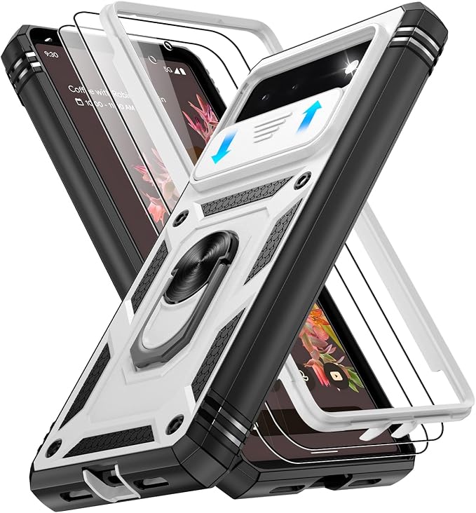 Gritup for Phone Case Pixel 6: Google Pixel 6 Case with 2*Screen Protector | Magnetic Stand & Slide Camera Cover | Shock Proof Military-Grade Funda para Pixel-6 Cover, White+Black by Gritup