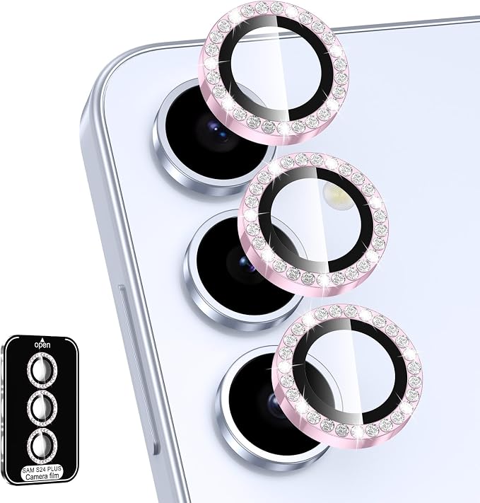 for Samsung Galaxy S24 Plus Camera Lens Protector, Individual Metal Ring Tempered Glass Lens Cover, [Strong Adsorption] Scratch Resistant Ultra-Thin HD Clear Lens Cover, 1 Set-Pink Diamond by Btscase